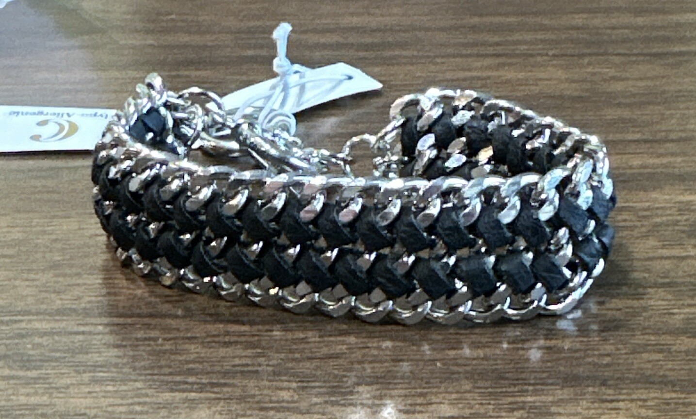 Charming Charlie Bracelet Triple Curb Chain Silver Metal Faux Leather Toggle NWT