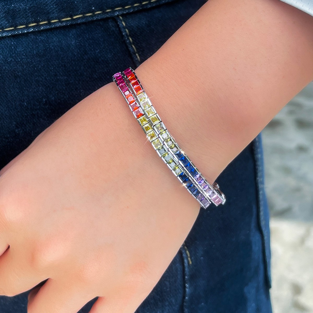 3mm Rainbow Square Cubic Zirconia CZ Tennis Bracelet Women Silver Plated Jewelry