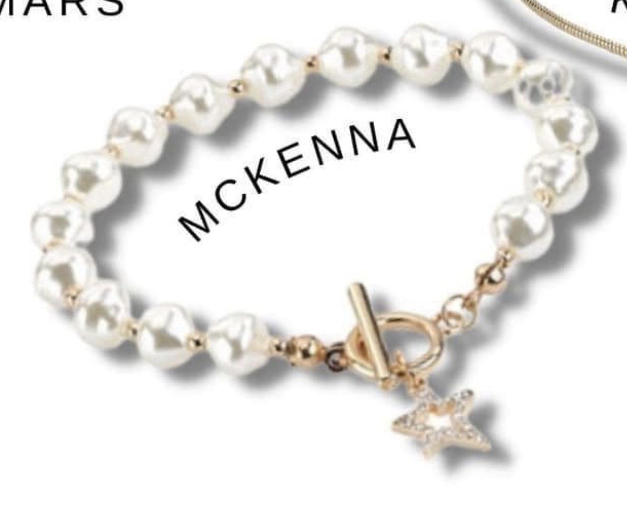 Mckenna White Faux Pearl Beaded Bracelet Yellow Gold Plated Toggle Star Charm