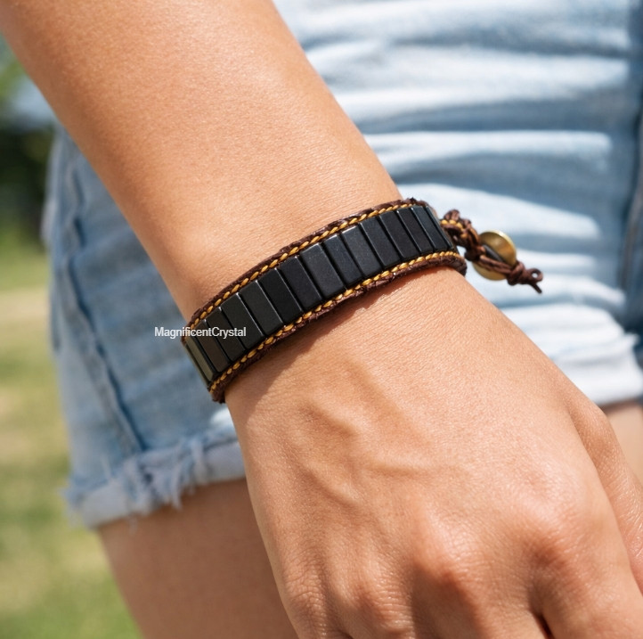 Black Obsidian Bracelet Leather Braided Protection & Strength Talisman Jewelry