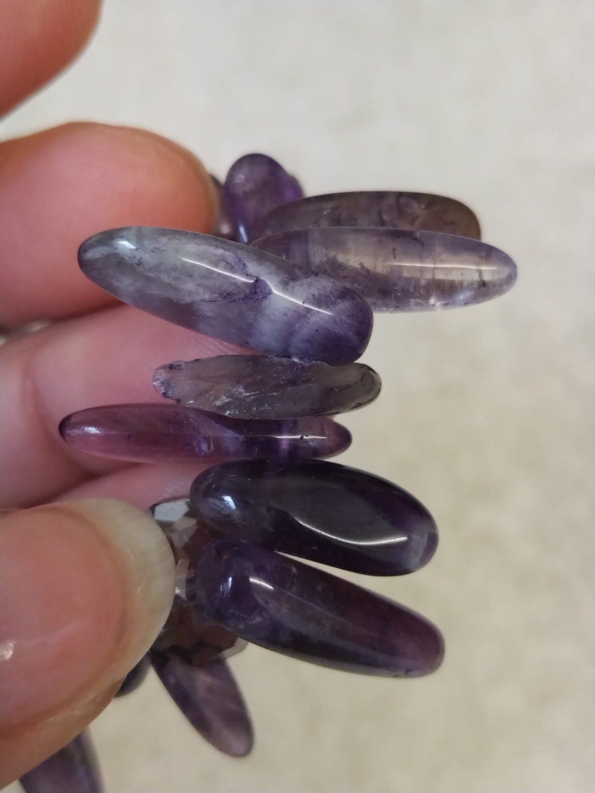 Purple Polished Gemstone, Clear Facted Glass Beaded Elasticated Bracelet