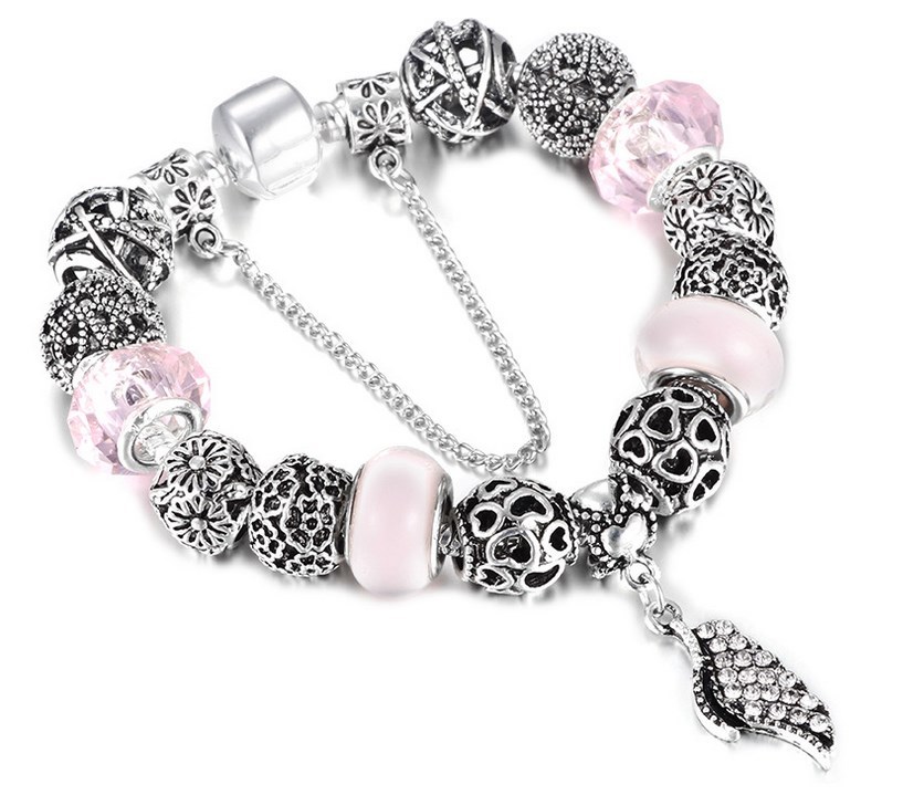 Silver Angel Wing Bracelet Hollow Flower Wish Heart Beads Bangle Gift