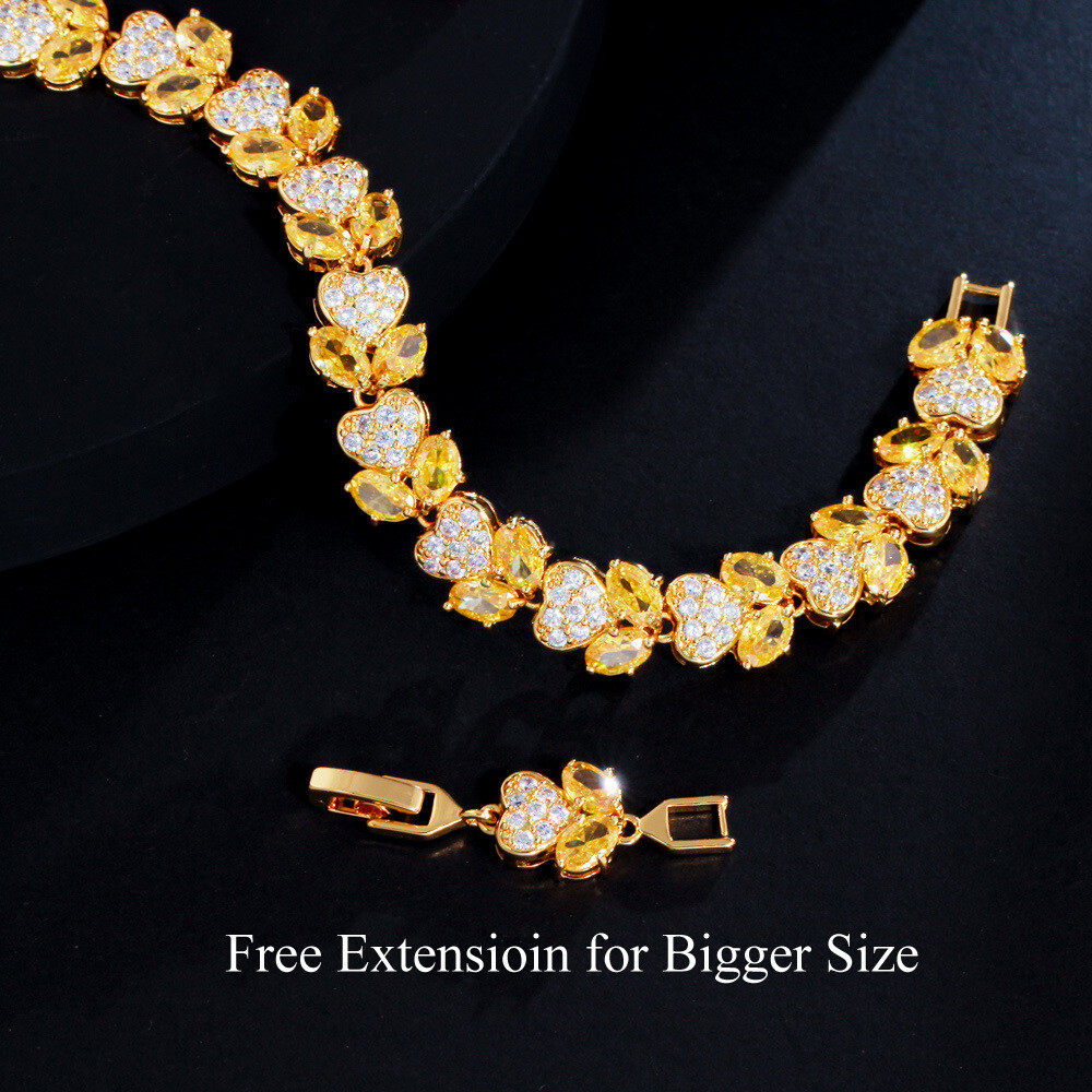 Yellow Gold Plated Blue Leaf Cubic Zirconia Heart Bangle Bracelet for Women Gift