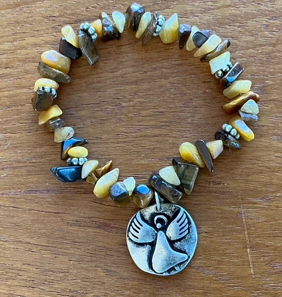 Natural Stone Beaded Bracelet Jewelry Some Tiger’s Eye Angel Pendant Child Size