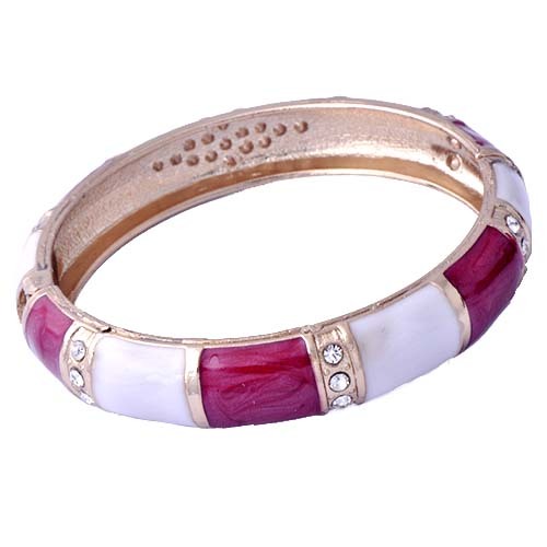 Pretty New Yellow Gold Plated Burgundy & White Enamel Crystal Bangle Bracelet