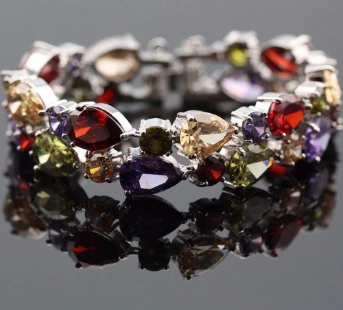 18k White Gold Filled Multicolor Tennis Bracelet Made Simulated Diamond 7.5 Inch