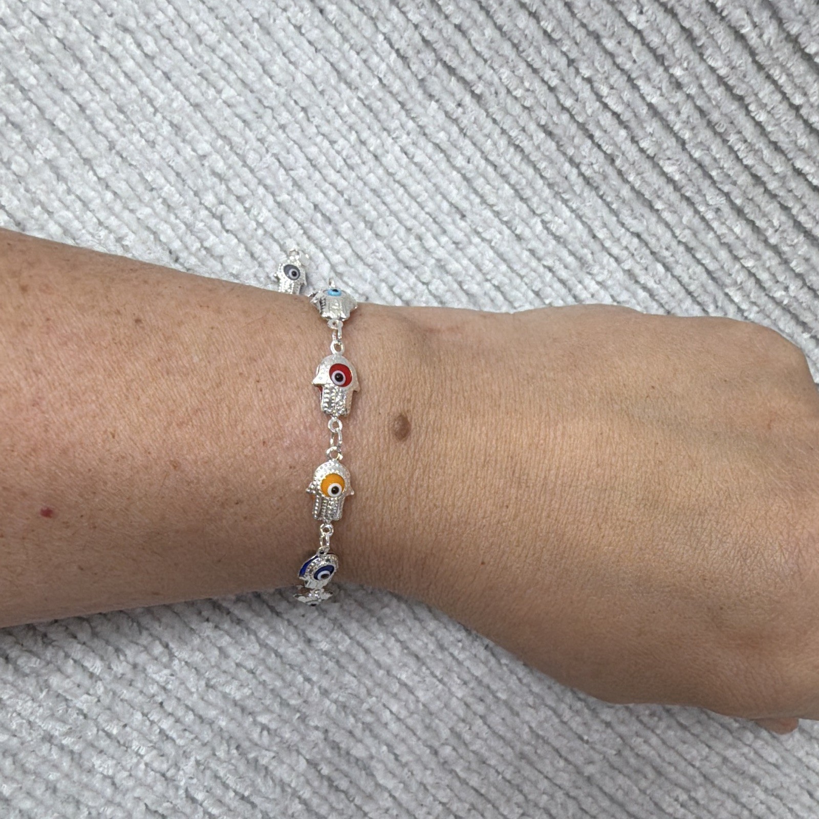 New 925 Sterling Silver Hamsa Hand Evil Eye Charm Link Bracelet 7 Inch