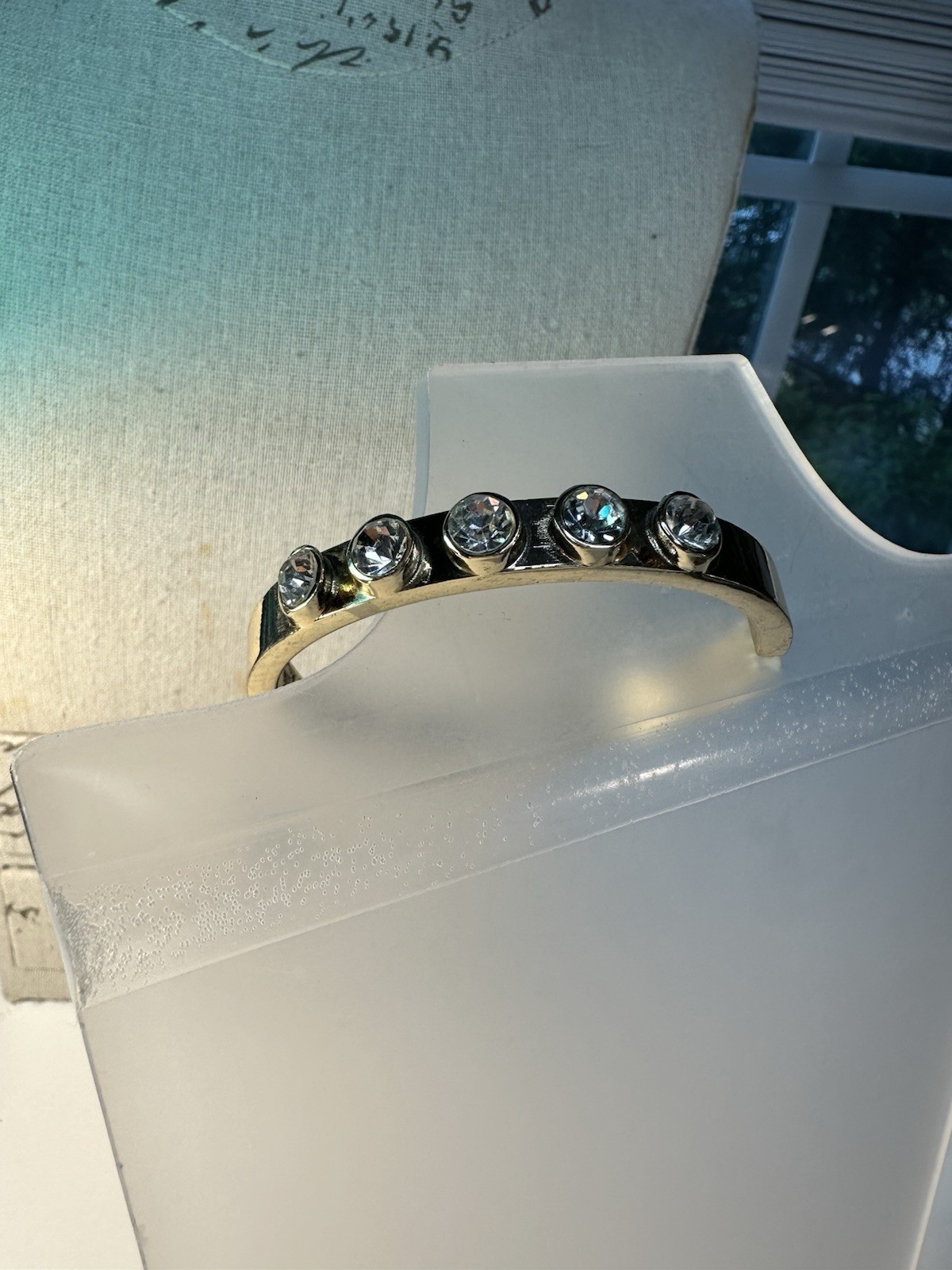Gold Tone Curved Band Bracelet w/ 5 Bezel-Set Clear Round Crystals