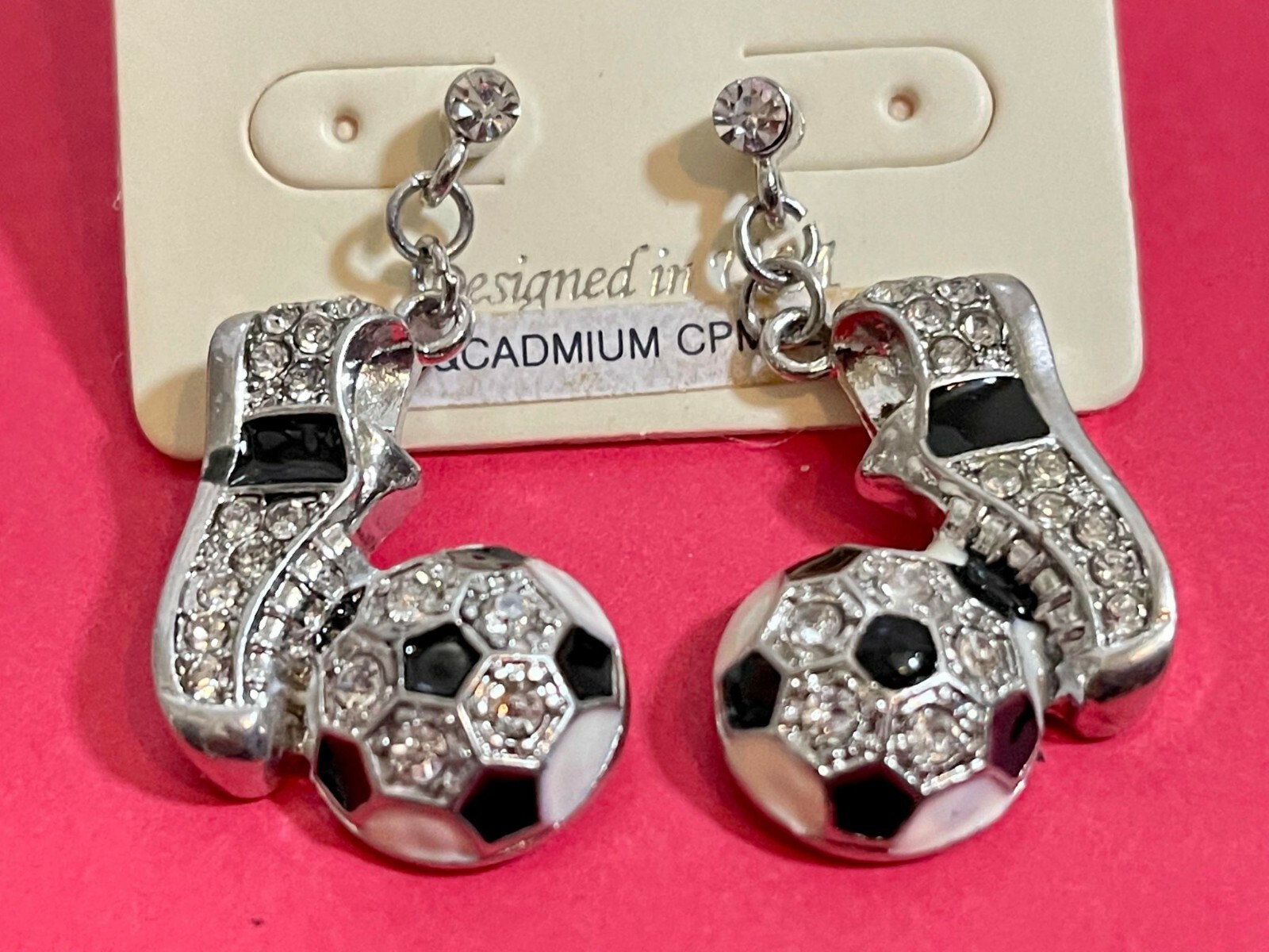 Sports Theme Soccer Ball & Soccer Cleats Rhinestones Silver Earrings