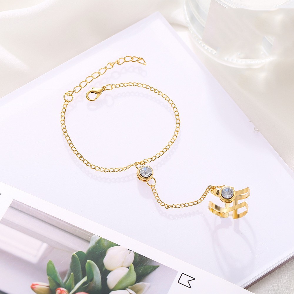Green Rhinestone Leaf Hand Chain Ring Bracelet Imitation Pearl Zircon Jewelry
