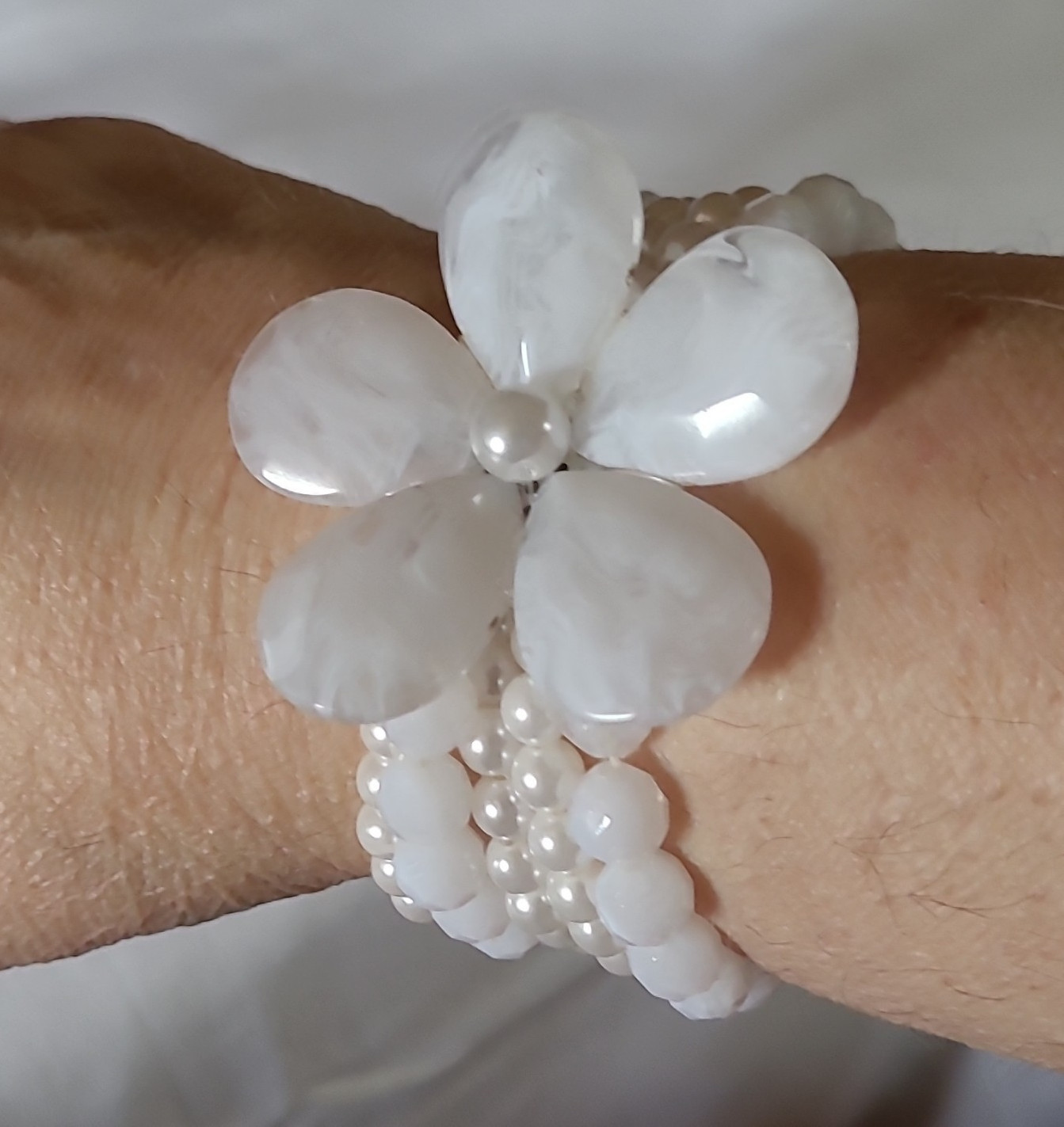 White Beaded Wrap Stretch Bracelet, Imitation Pearl Strands, Flower Accent