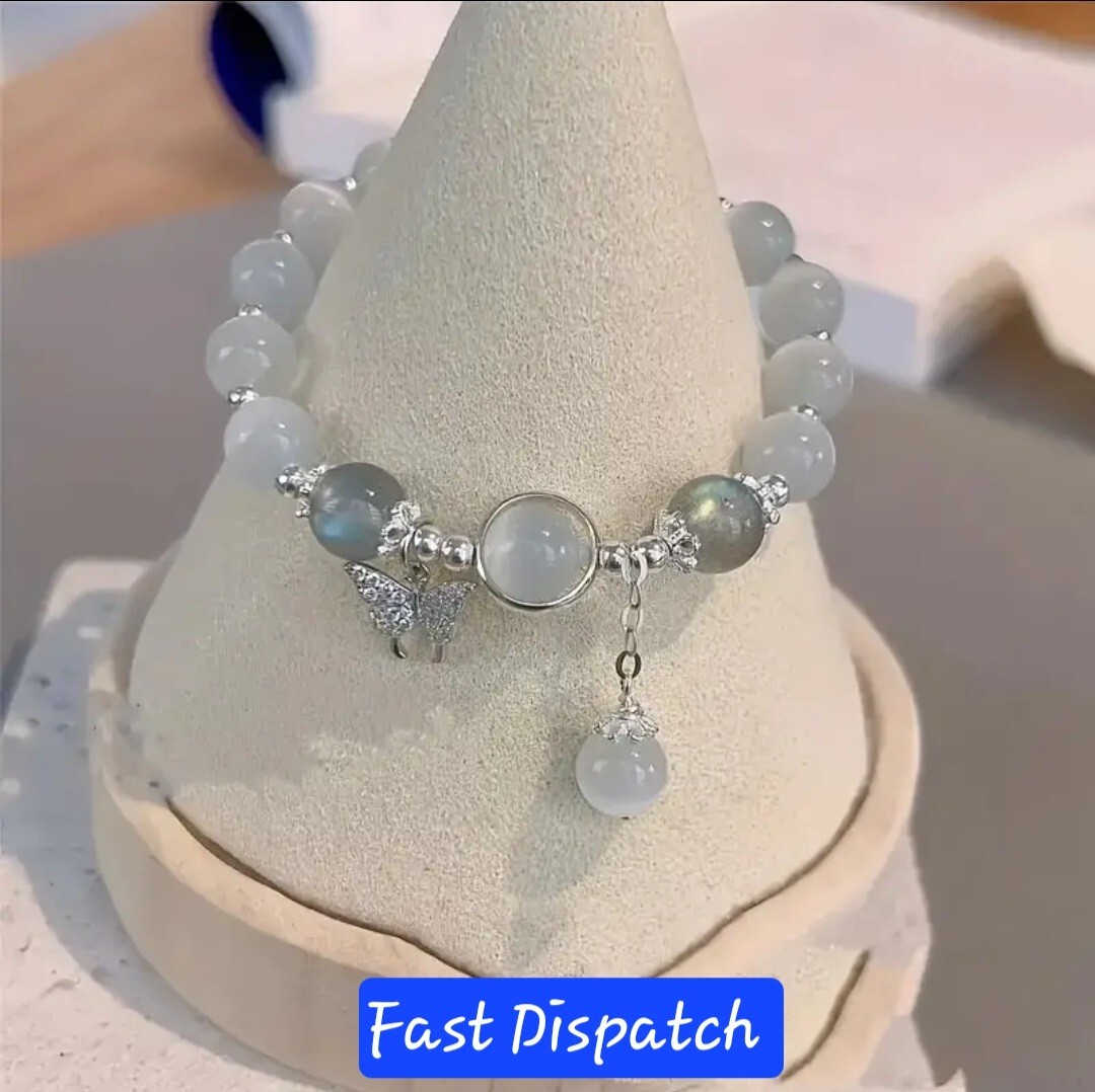 Butterfly Pendant Grey Bracelet Moonlight Stones Stretchable Bracelet Gift | UK