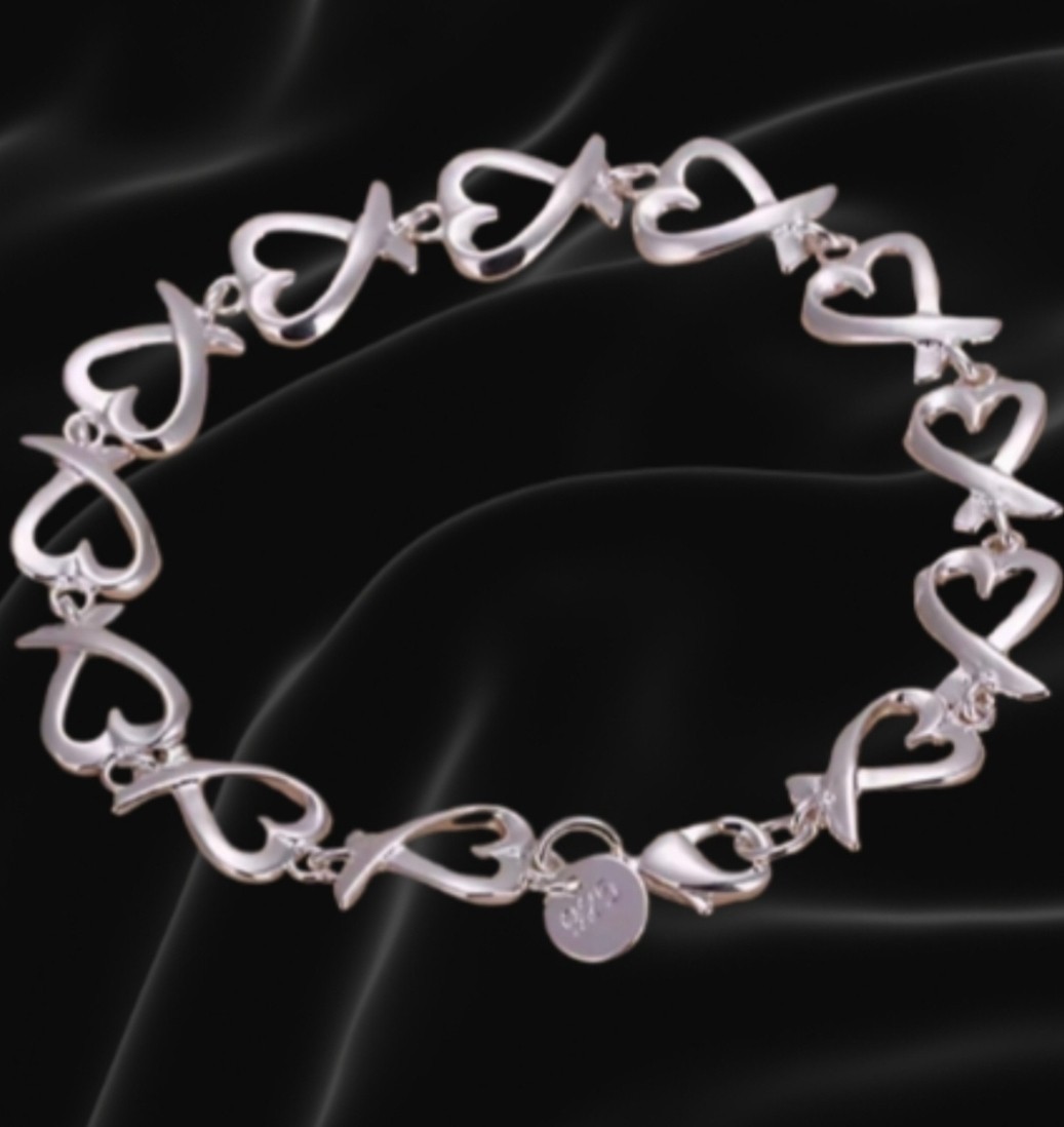 925 Sterling Silver Stamp Heart New Link Bracelet Love & Hearts w/ Lobster Clasp