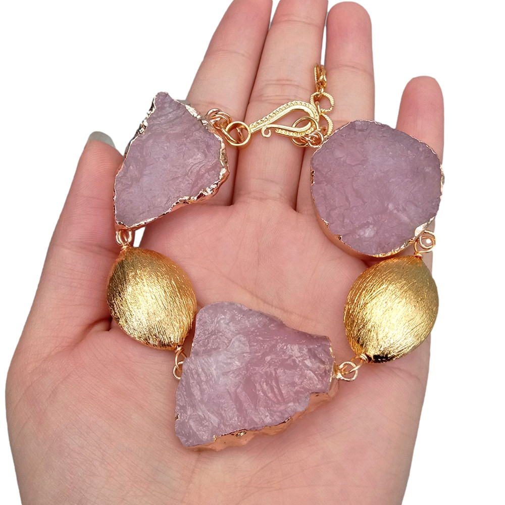 Natural Pink Rose Quartz Rough Bracelet Gemstone Gold Plated Brushed Raw Female