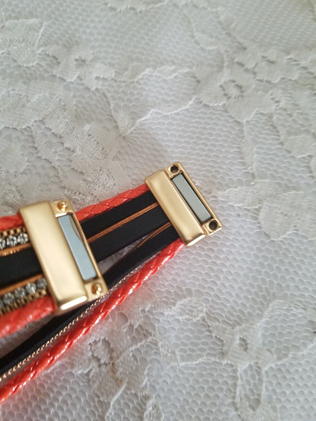HALLOWEEN ENAMEL PUMPKIN MAGNETIC BRACELET RHINESTONES GOLD TONE LAYEREDED