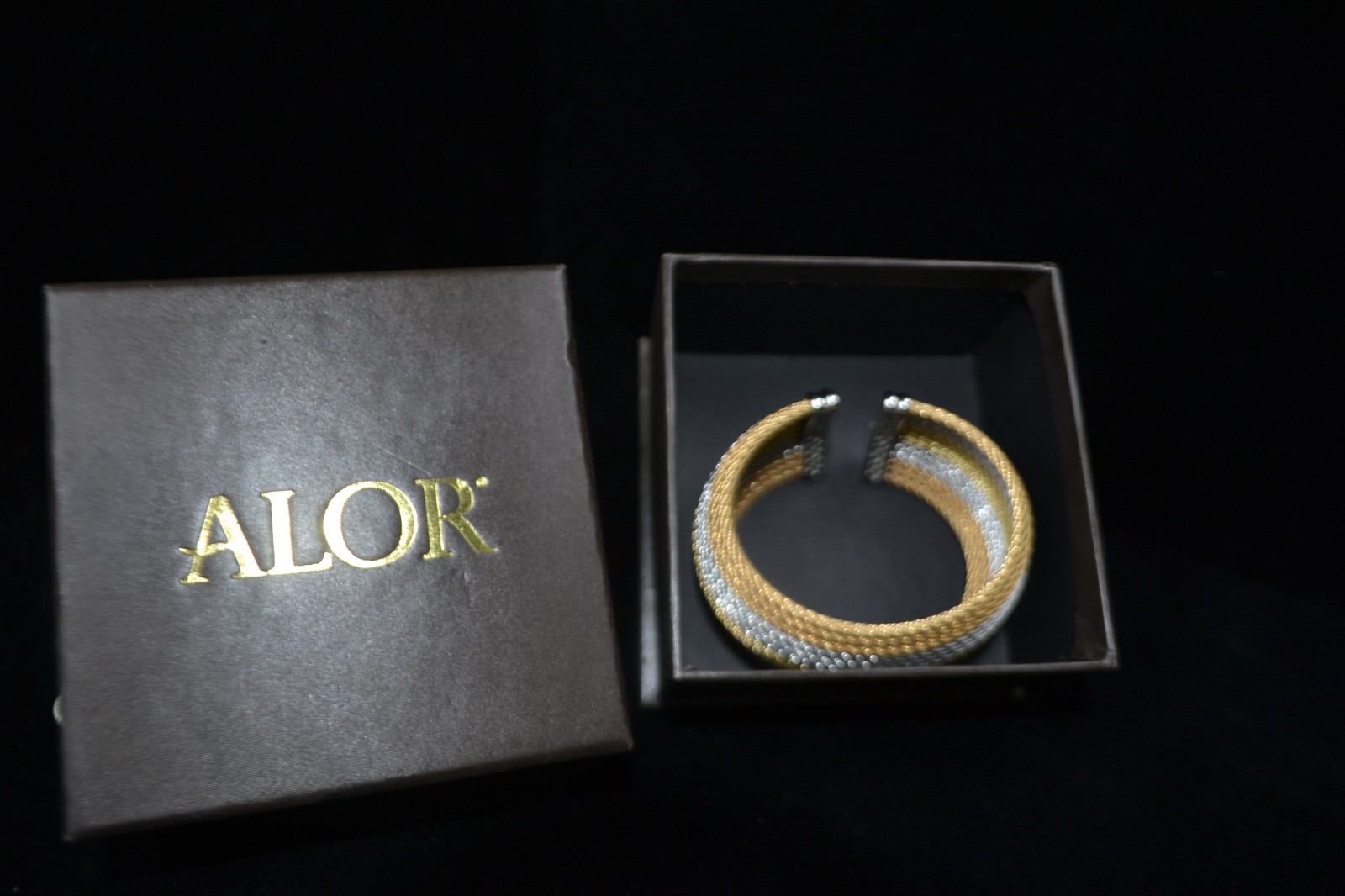 18k GOLD Authentic ALOR MultiRow Steel Cable Cuff Bangle Bracelet