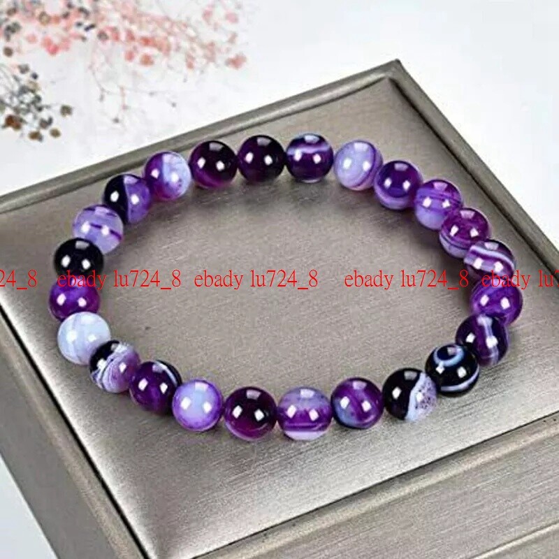 Natural Stone Purple Crystal Agate Beads Elastic Bracelet Women Men Jewelry 7.5″