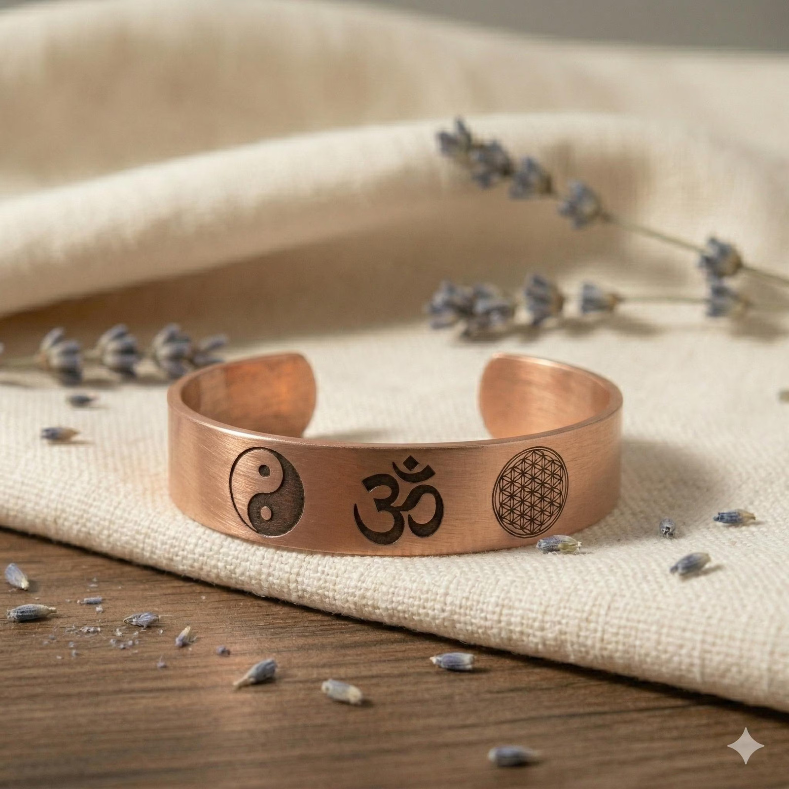 Pure Copper Spiritual Om + Yin Yang + Flower of Life Cuff – Handmade Boho Gift