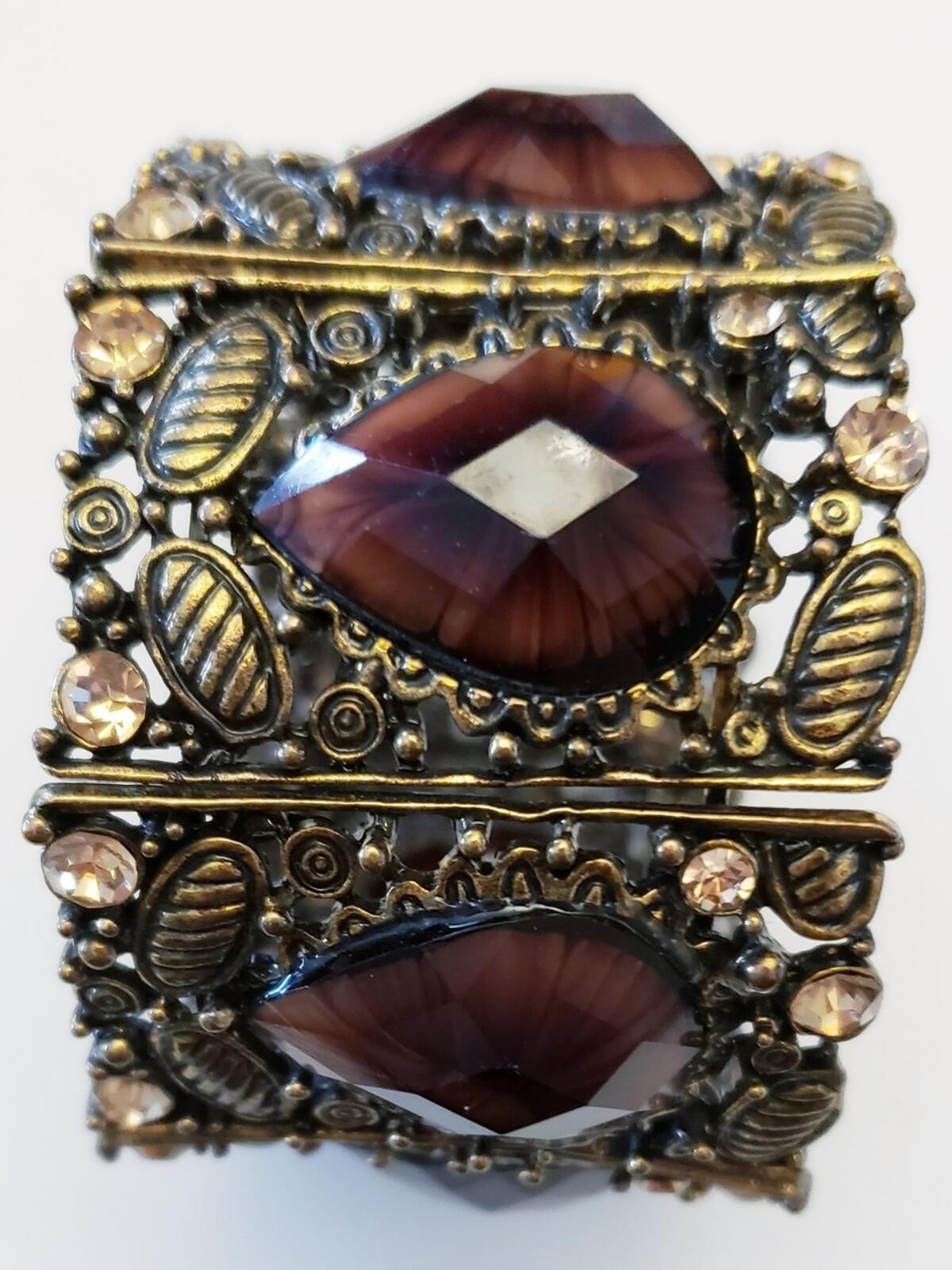 Vintage Wide Bracelet with Faceted Brown Stones and Ornate Metalwork