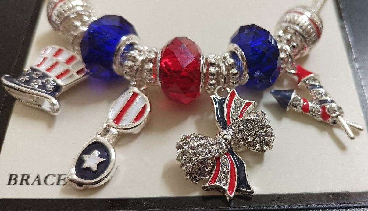 New Napier Silver Tone Red White and Blue America USA Slider Charm Flex Bracelet