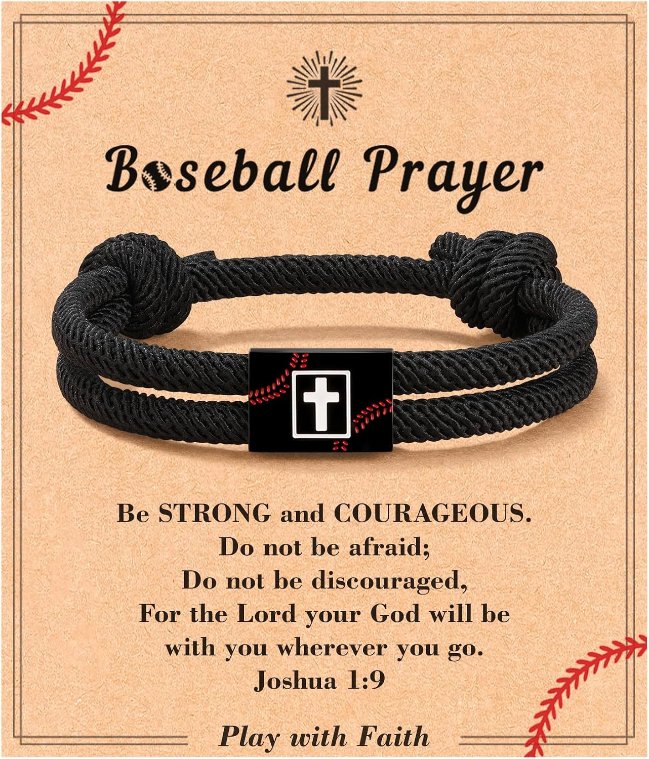 Baseball/Football/Soccer Cross Bracelet Gifts for Boys Teens | Joshua 1:9 Card A