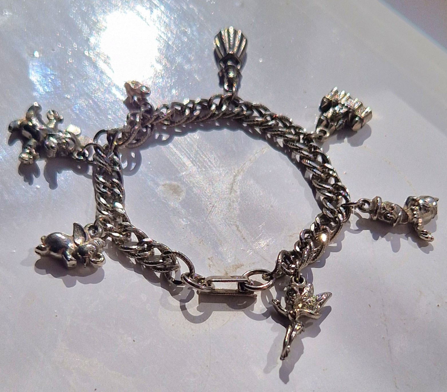 Silver-Tone Curb Link Charm Bracelet • Dangle Charms • Bar Closure • Metal