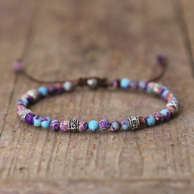 Natural 4mm Sea Sediment Jasper Stone Beaded Bracelet Purple & Blue Bracelet
