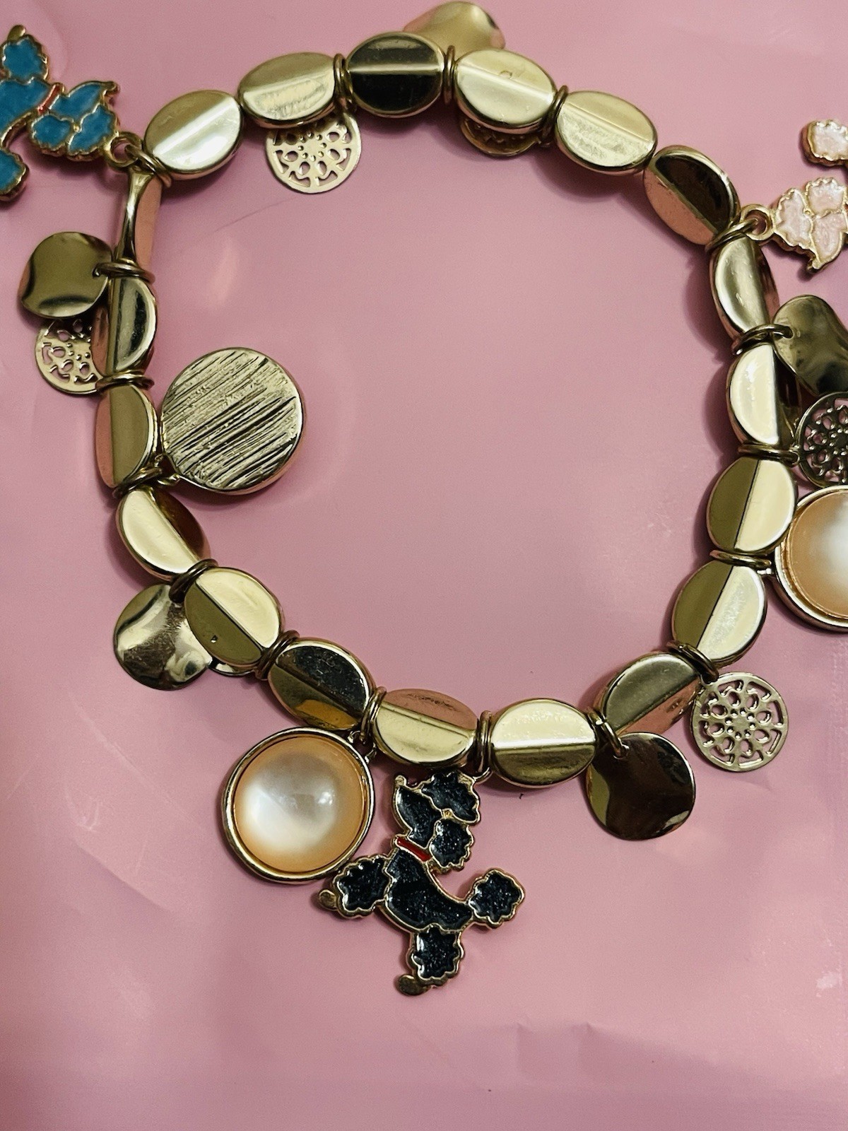 Gold Beaded Lace/Filigree Disks Enamel Charms, Cabochons, stretch bracelet