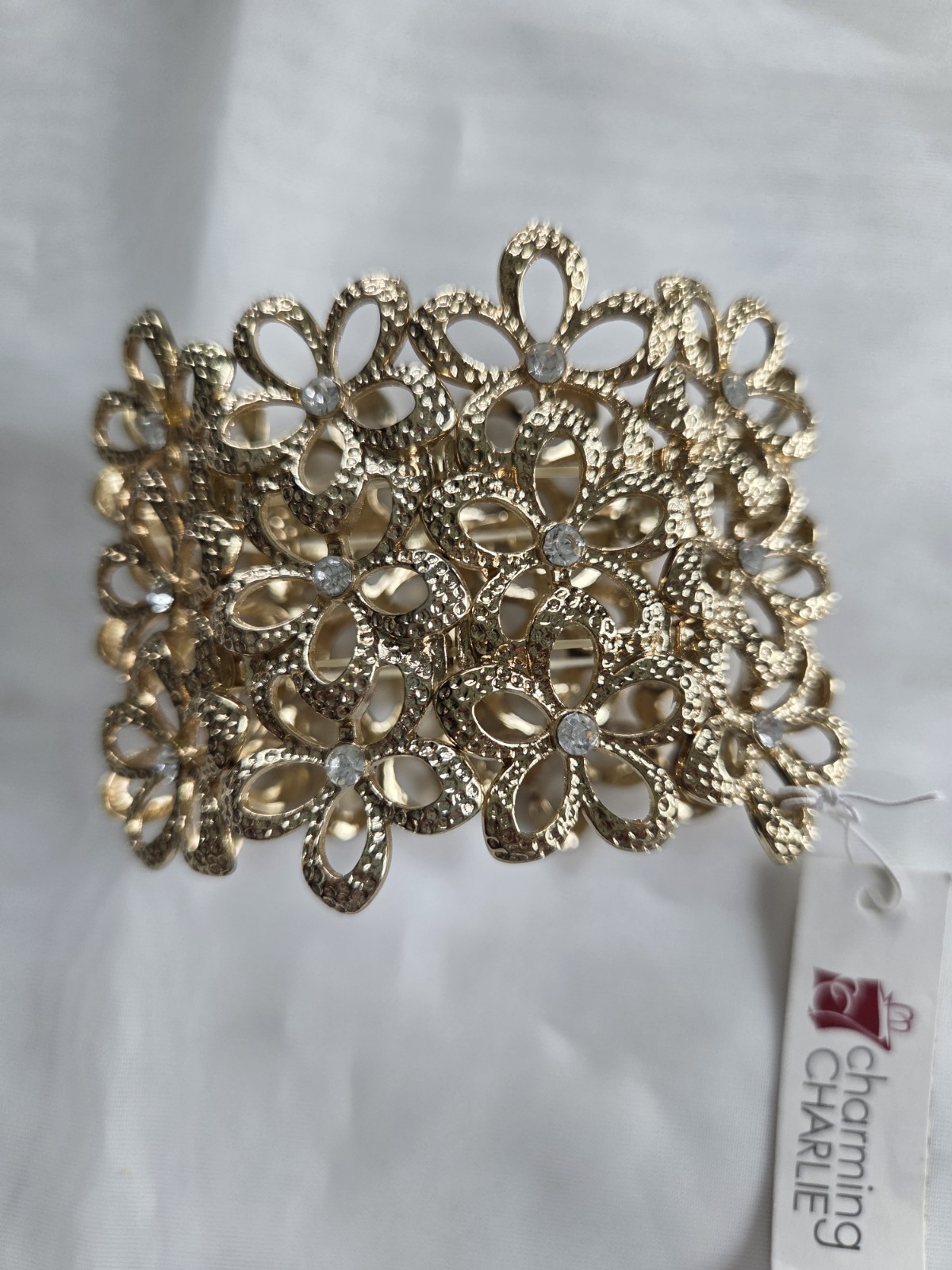 Charming Charlie Gold Tone Floral Rhinestone Crystal Wide Cuff Bracelet