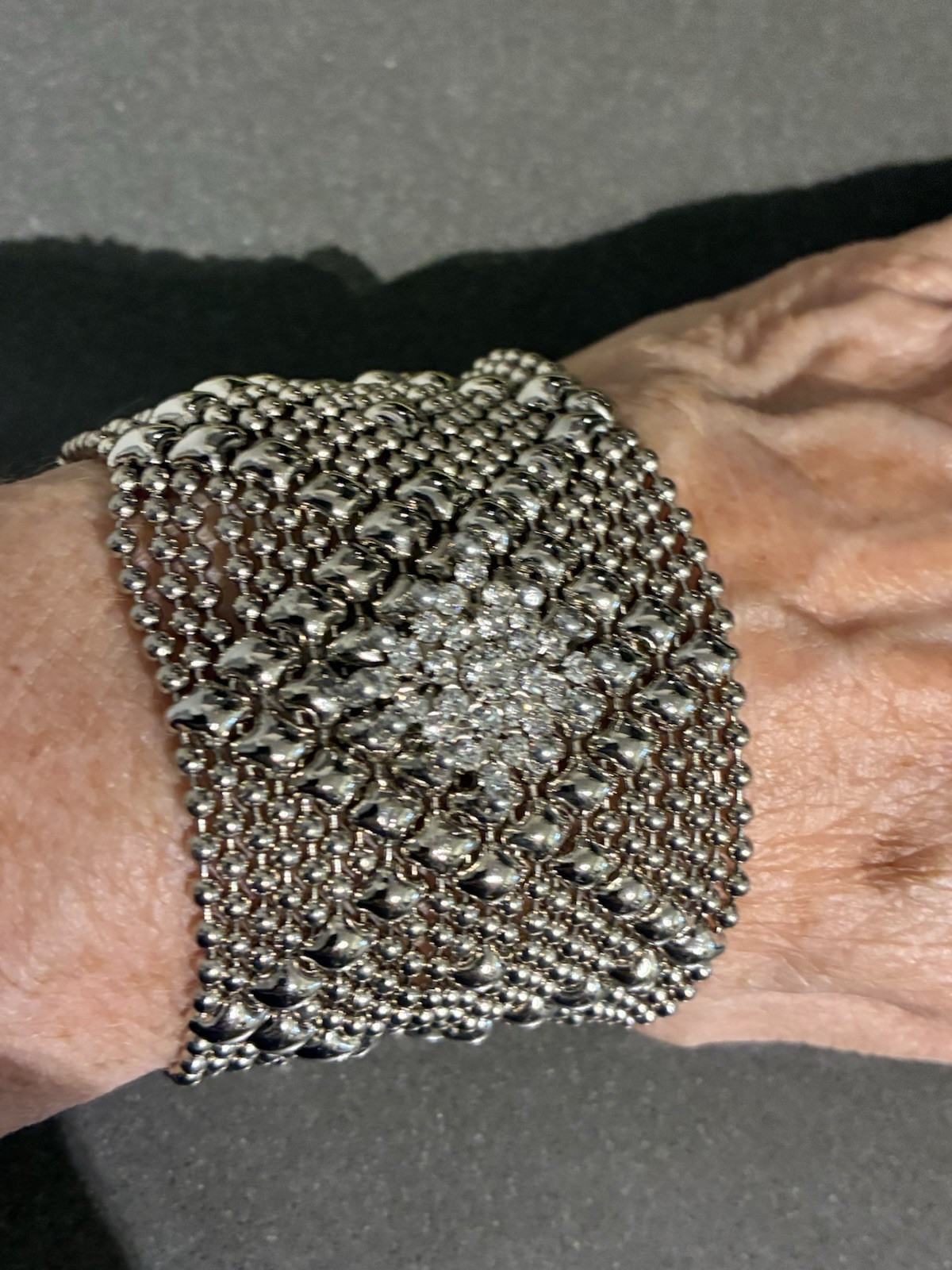SERGIO GUTIERREZ SG LIQUID METAL BRACELET CRYSTAL MESH WIDE CUFF SILVER TONE