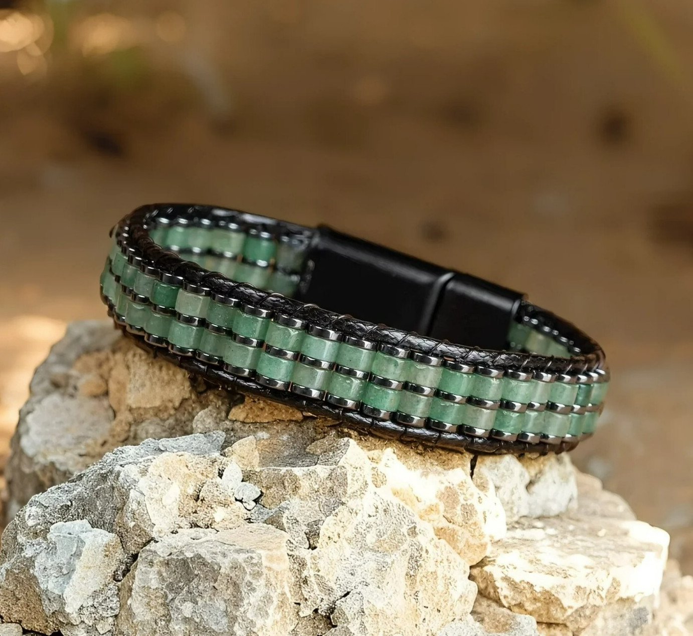 Natural Green Aventurine Stone Beads Crystal Hematite Ladder Men’s Bracelet Gift