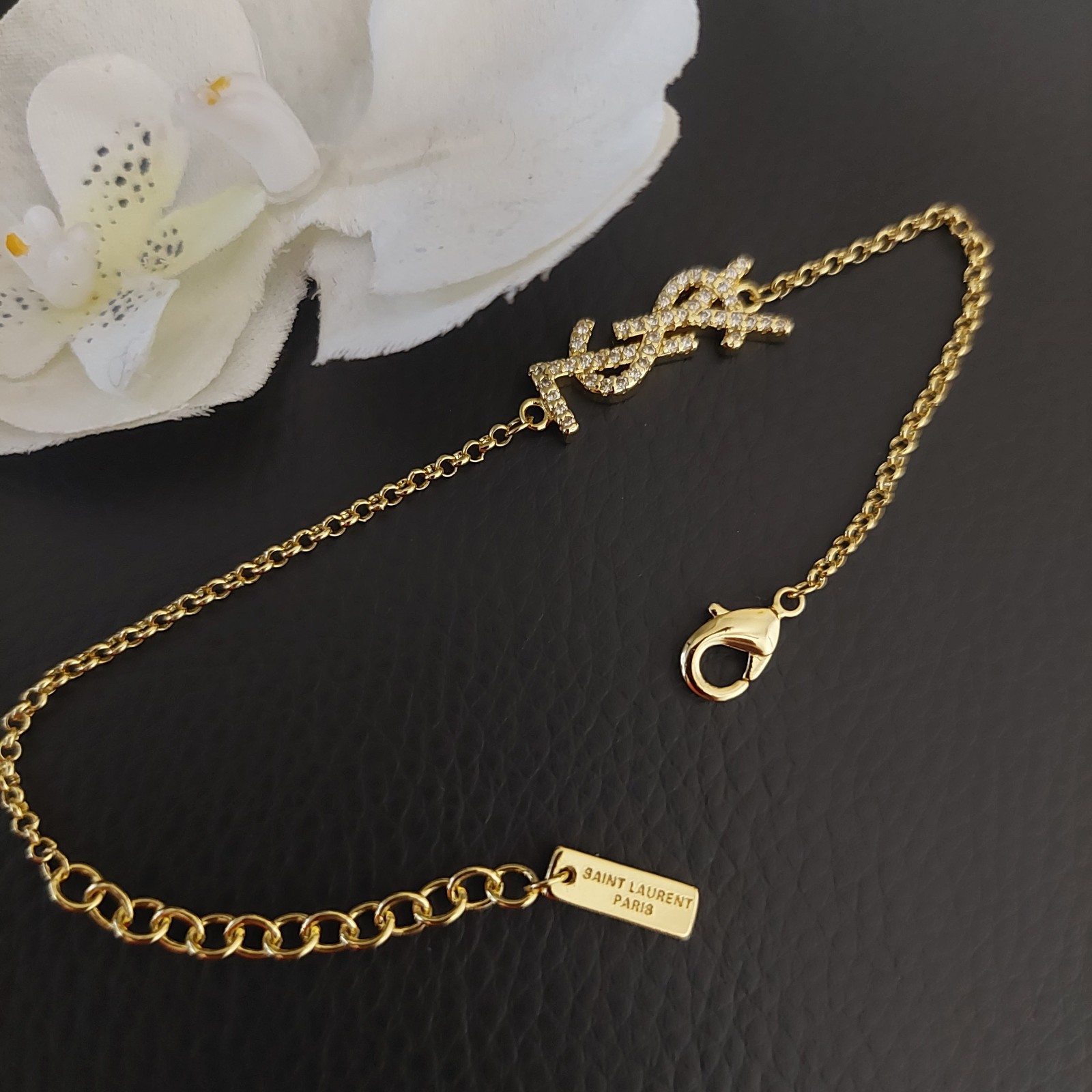 YSL Saint Laurent Charm Bracelet Crystal Brass Metal Gold!