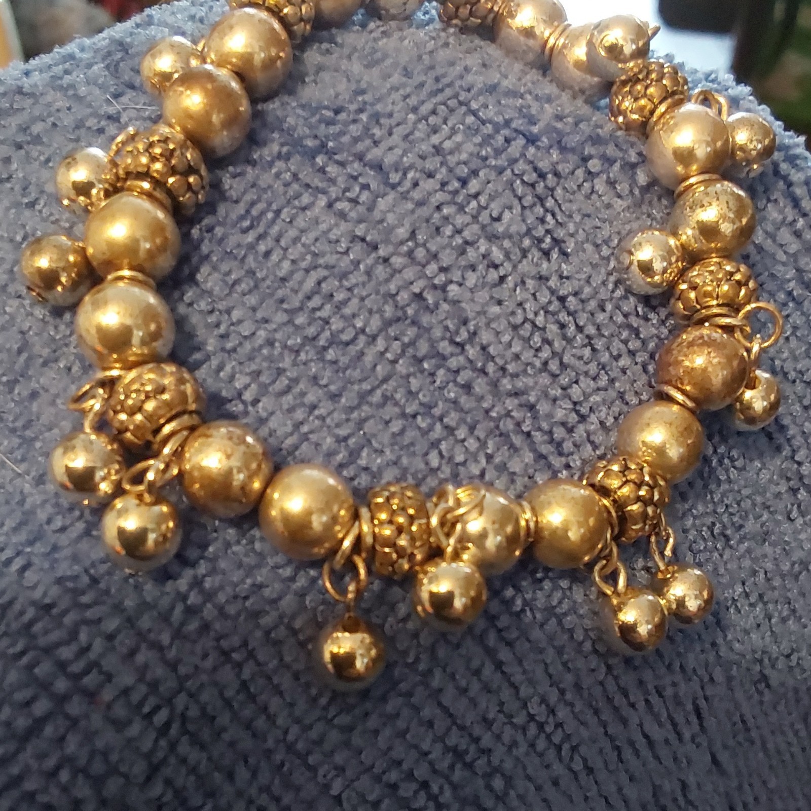 Gold Tone Metal Beaded Ball Chain Charm Bracelet Round Dangle Beads No Stone