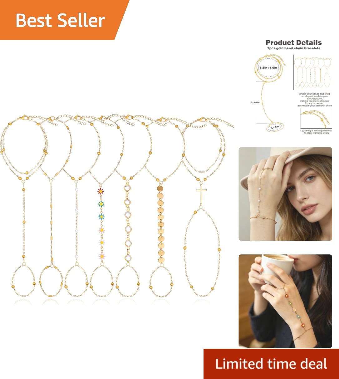 Versatile Set of 7 Adjustable 14K Gold Plated Hand Chain Bracelets for Women