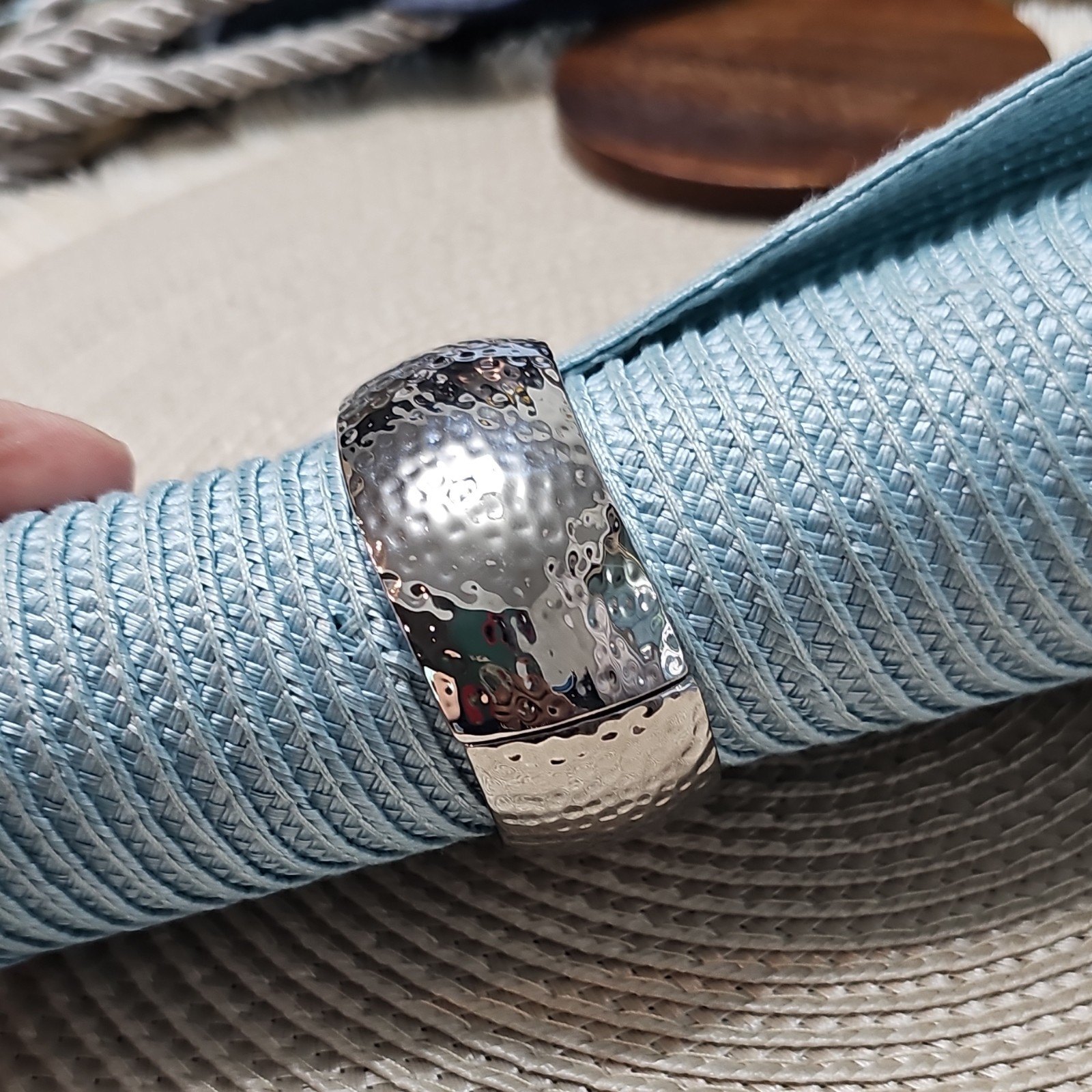 Silver Tone Textured Metal Hinged Bangle Bracelet Cuff Style, Hammered Look