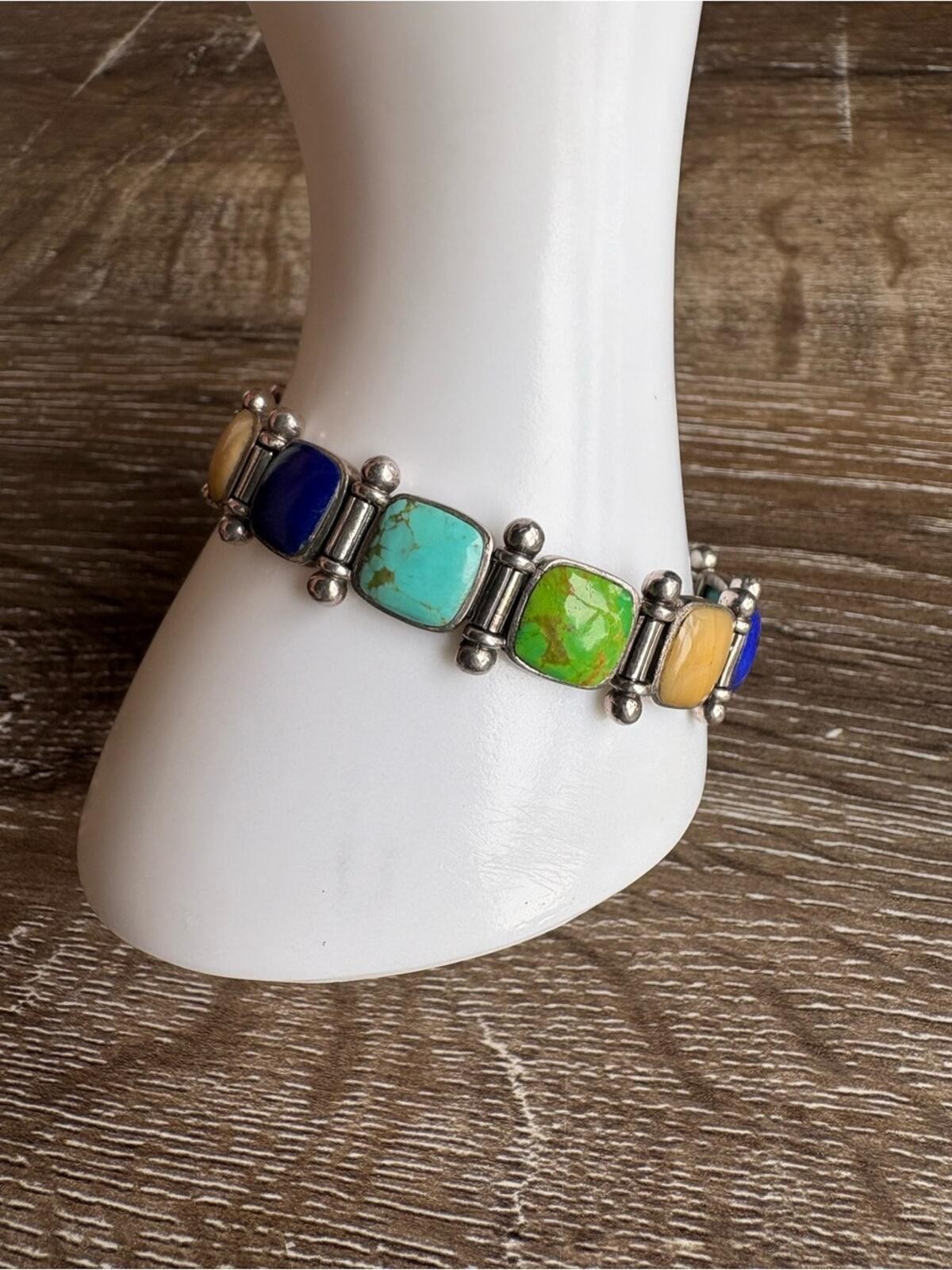 Thailand Sterling Silver Multicolor Stone Inlay Link Bracelet