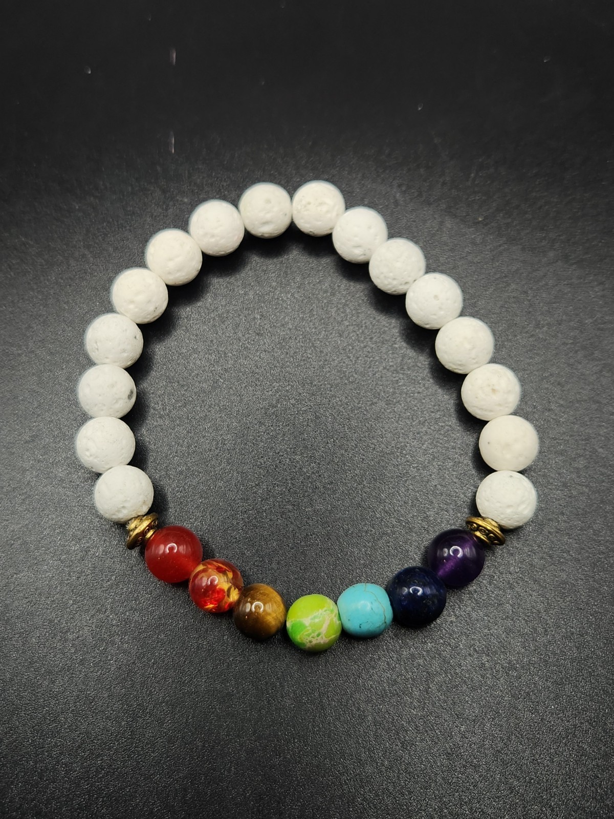 #0114 – White Lava Stone Rainbow Gemstone Bead Stretch Diffuser Bracelet 19.4g