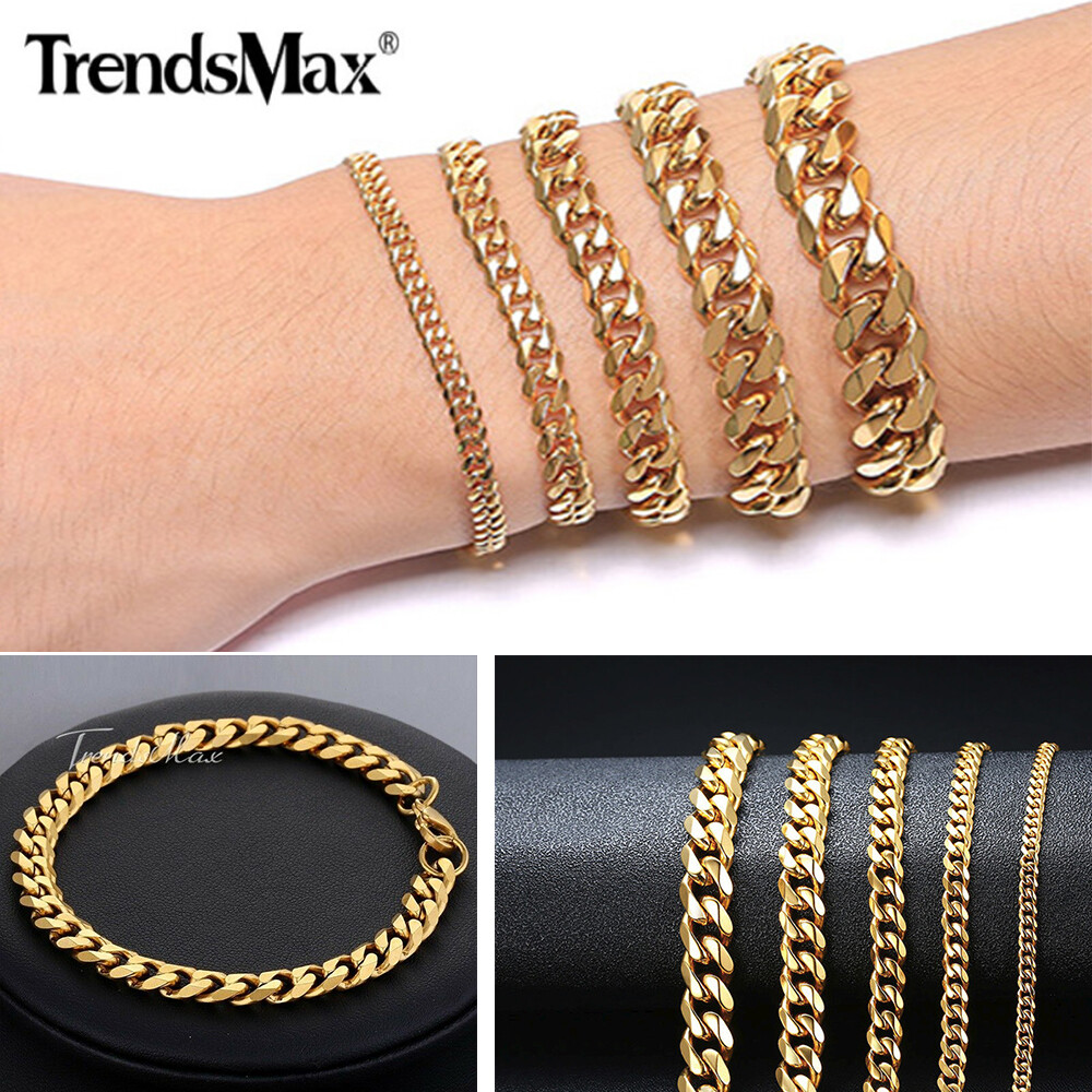 Men’s Curb Cuban Chain Bracelet Gold Plated Stainless Steel 3/5/7/9/11mm Width