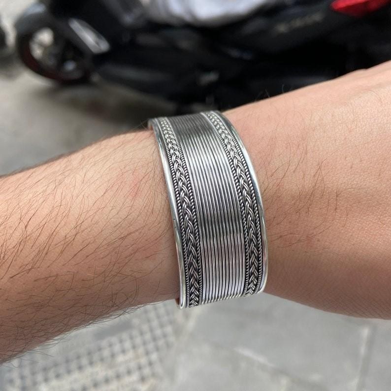 Silver Handmade Cuff Thick Bracelet Handmade Embroidered Unisex Bracelet