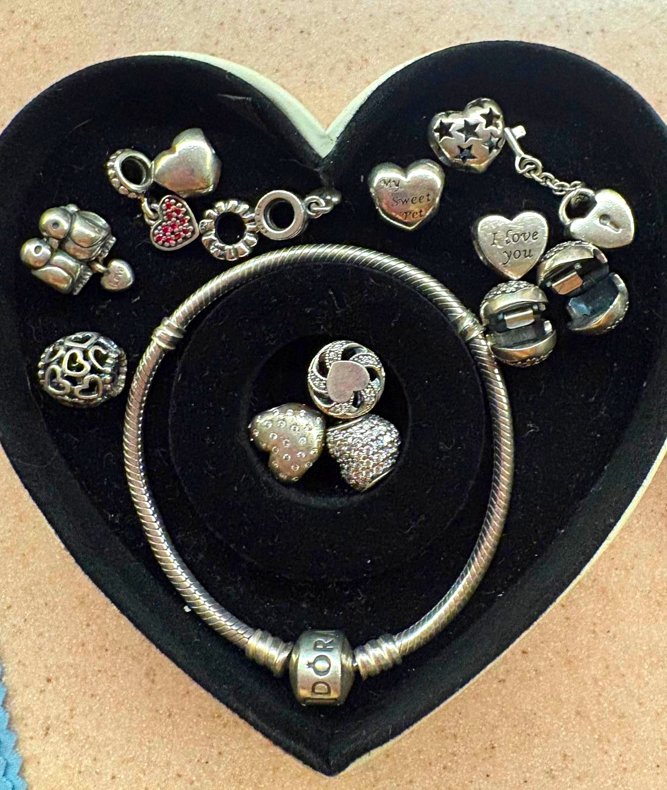 PANDORA Silver Snake Chain Charm Bracelet, Heart Bead Charms, Barrel, Signed