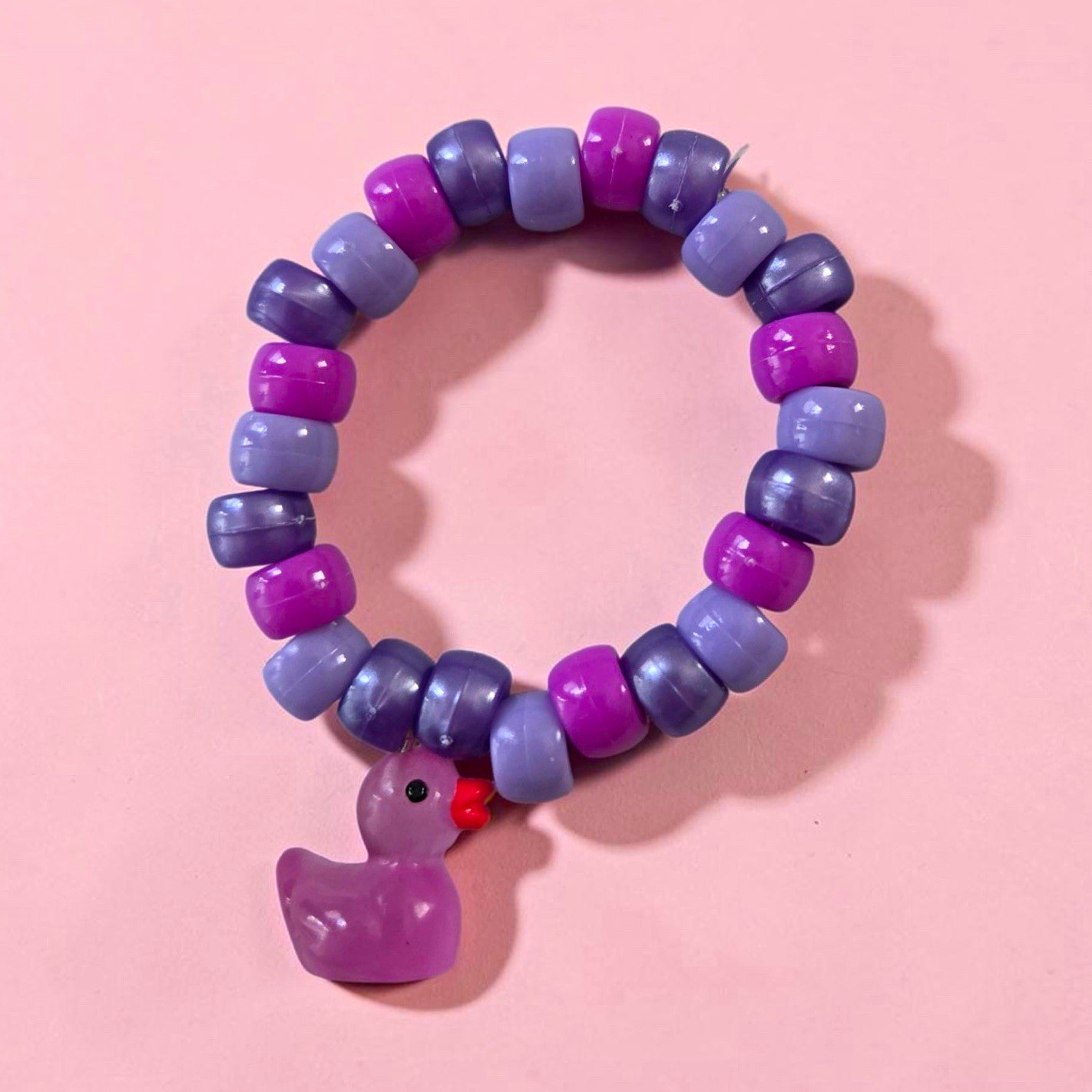 Purple Gray Plastic Beaded Stretch Slip-On Bracelet w/ Dangle Charm