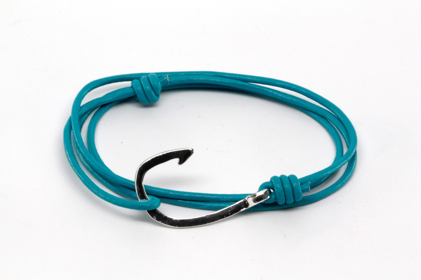 Handmade Turquoise Leather Nautical Rope Cord Silver Fish Hook Bracelet Fashion