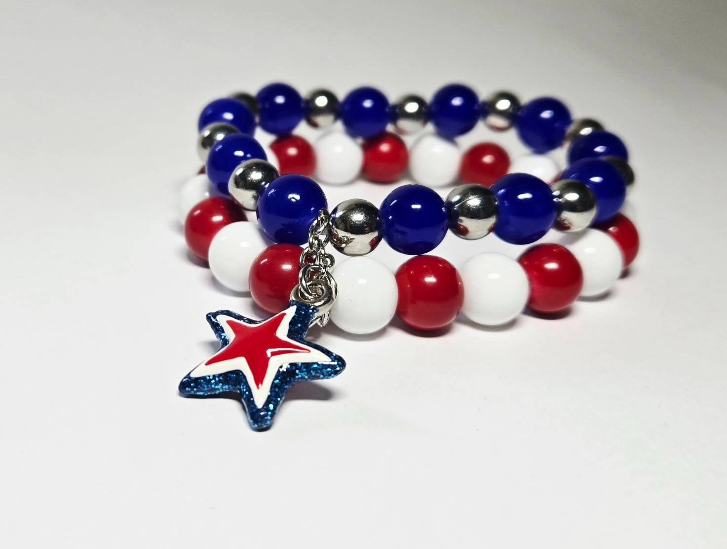 July 4th Patriotic Beaded Bracelets Red White Blue USA Star Charm Stretch 6 pc