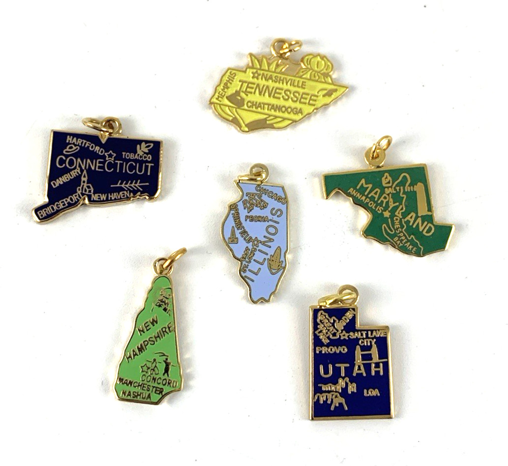 State Charms Enamel | Travel | Lot of 6 | Gold Tone | New Old Stock
