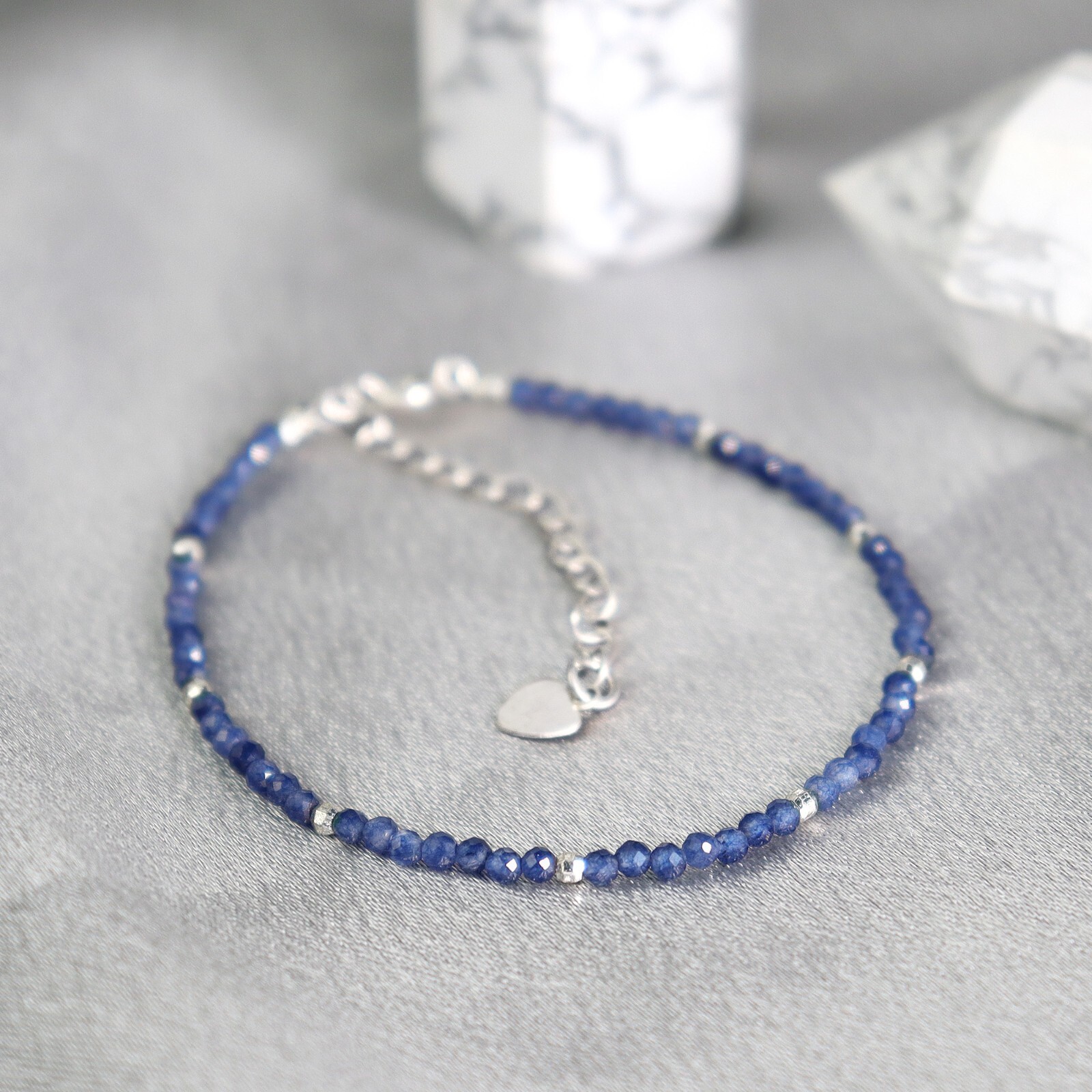 Minimalist Women Bracelet Sapphire 2mm Bead Healing Crystal Elegant Jewelry Gift