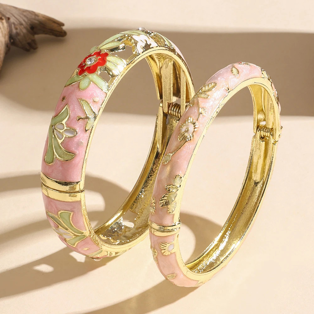 2 PCS Enameled Bracelets For Women Vintage Hollowed Small Flower Cloisonne