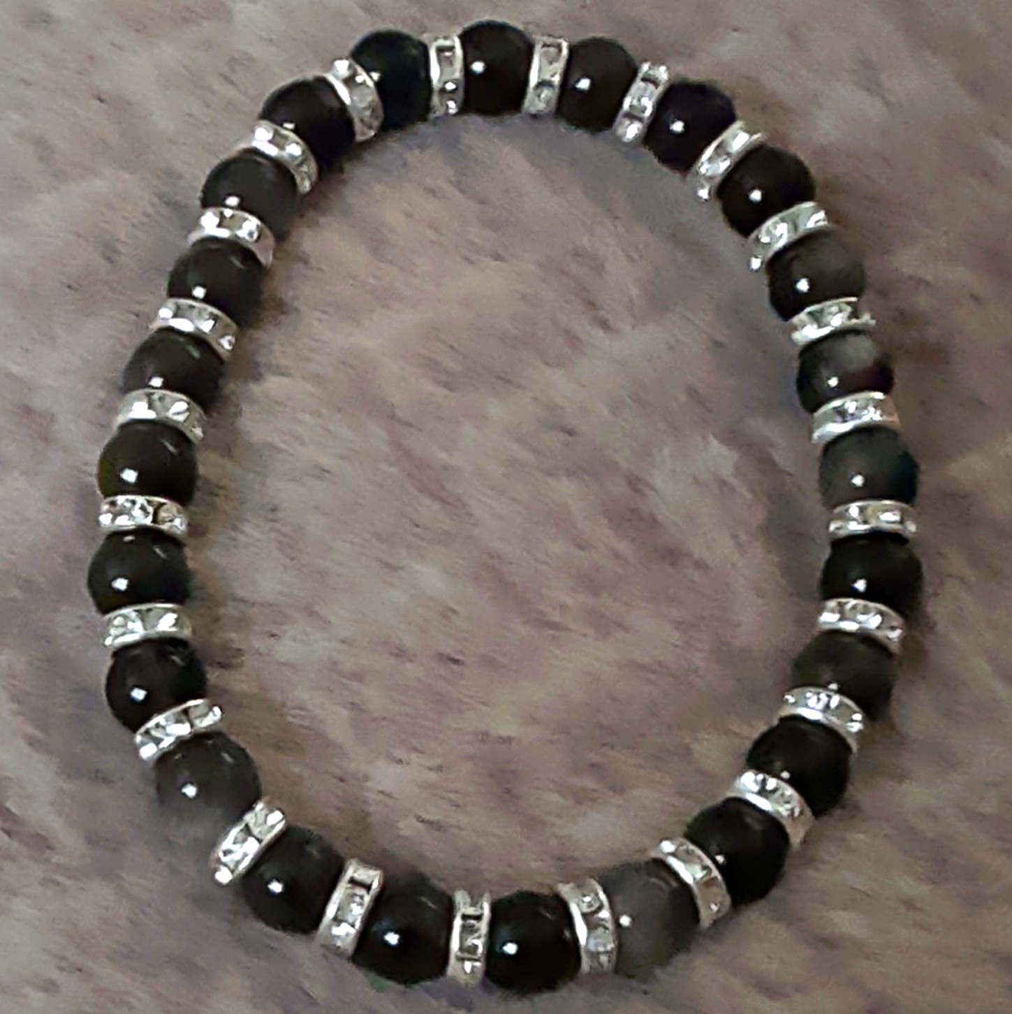 Silver Obsidian Stone Beaded Stretch Bracelet w/ Silver Rhinestone Spacers