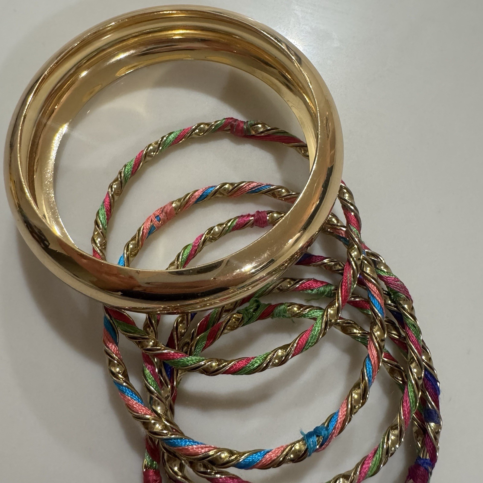 set of 7 gold-tone bangle bracelets twisted multicolor rope cord thread bangles