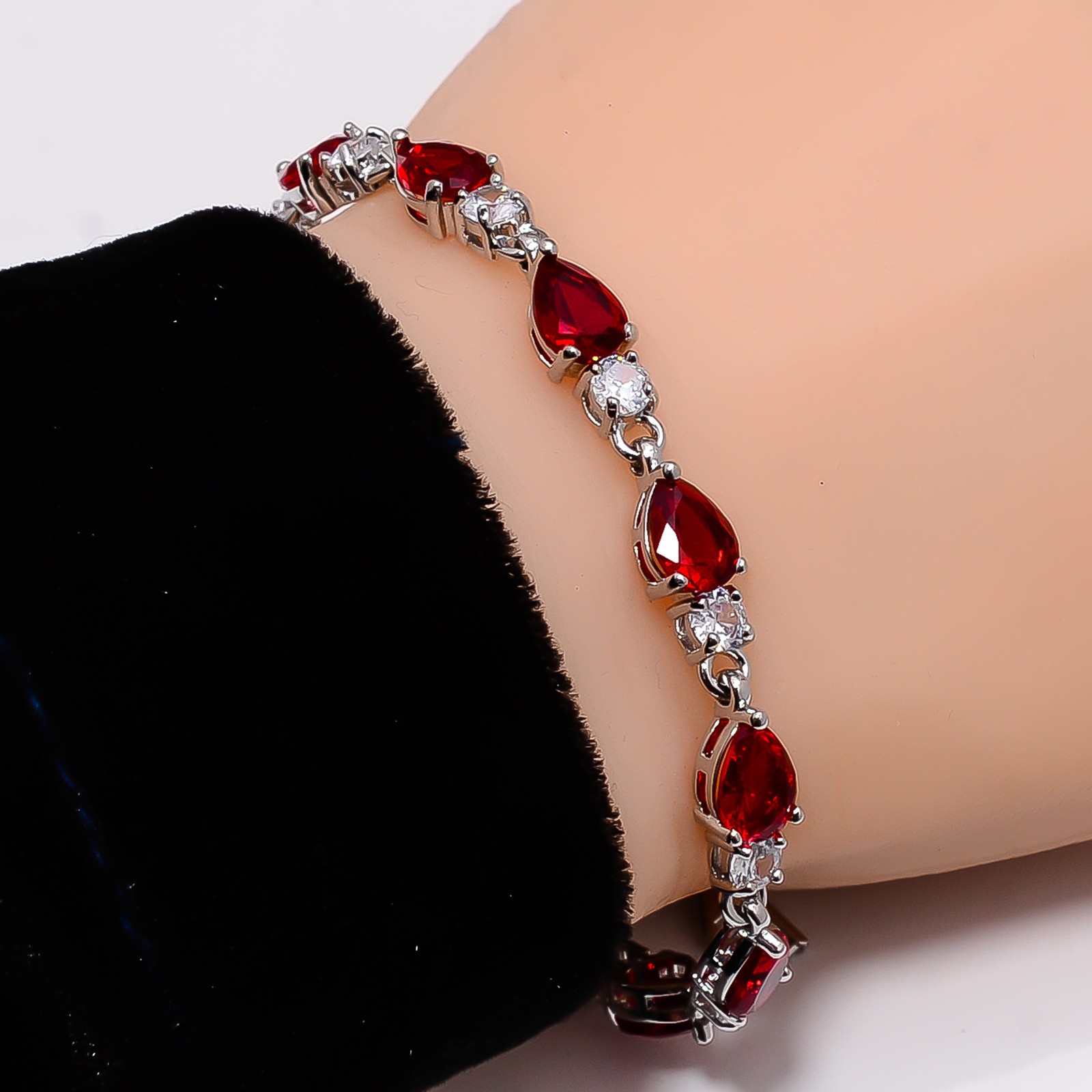 Red Garnet, CZ 925 Sterling Silver Adjustable Bracelet 7-8″ B128115
