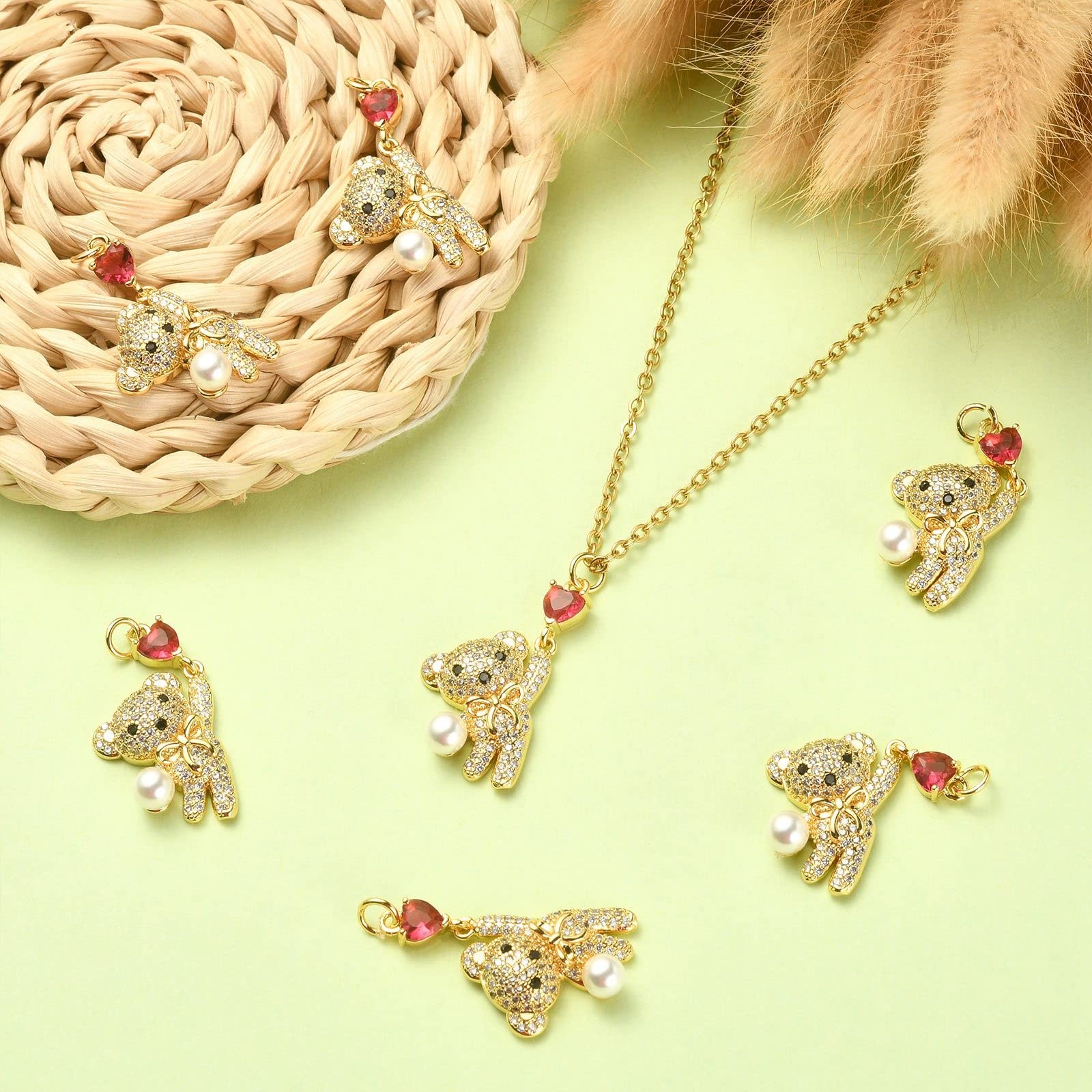 LiQunSweet 10 Pcs Micro Pave Cubic Zirconia Charms Lovely Sweet Red Heart Bear